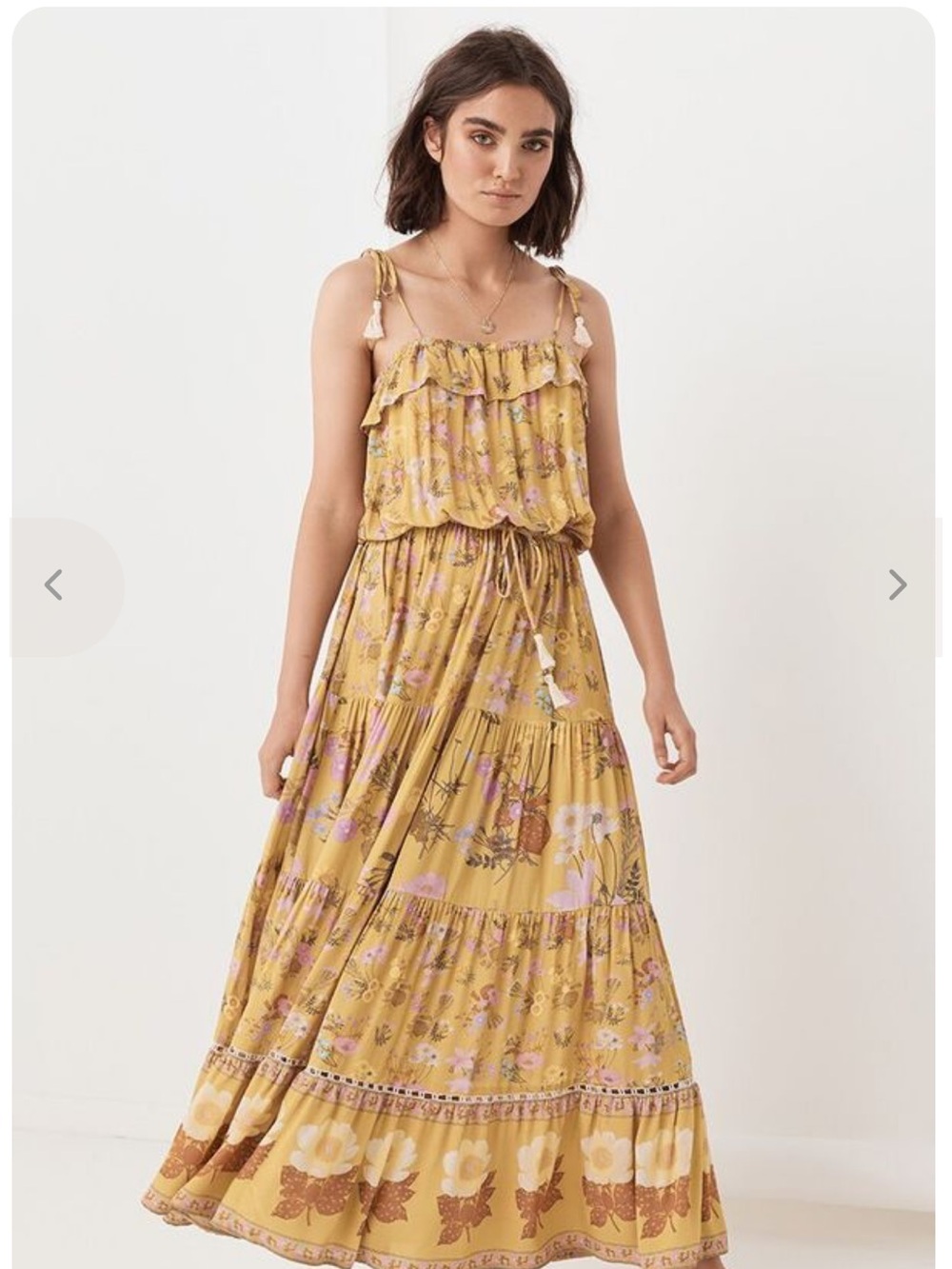 SPELL & the Gypsy Collective Mustard wildflower Maxi Dress with Tassel Ties